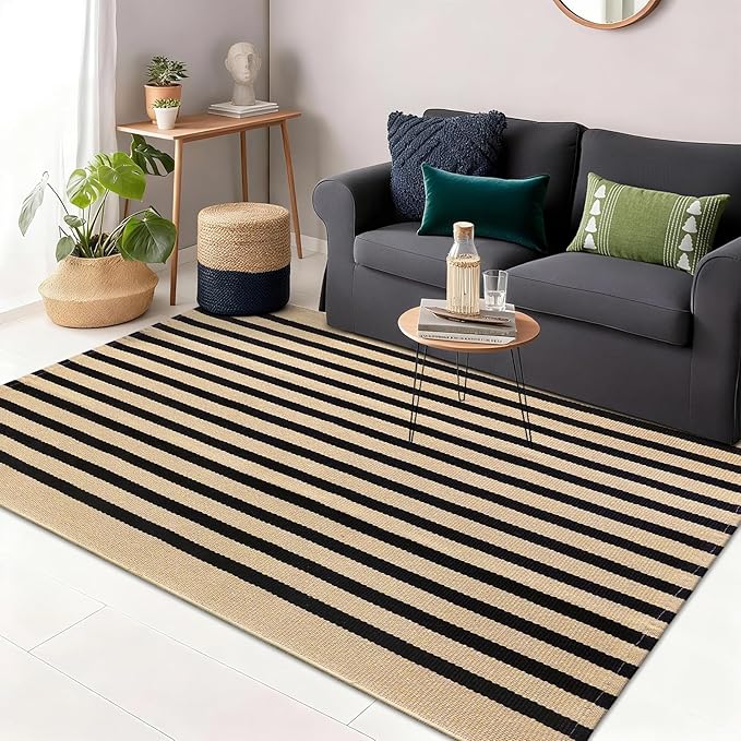 OLANLY Brown and Black Striped Rug 3' x 5' – Washable Cotton Doormat for Indoor Outdoor Use, Layered Front Porch Rug for Entryway, Kitchen, Patio