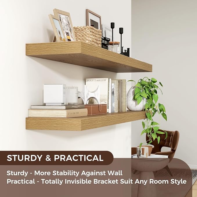 Venusmiles 48" Wide x 9" Deep Floating Shelves for Wall, Oak Finish, 2-Pack | Engineered Wood Wall Shelves with Invisible Brackets for Living Room, Bedroom, Bathroom, Office & Kitchen Storage