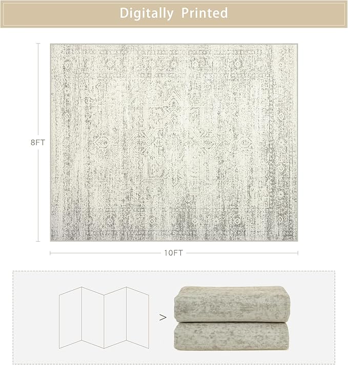 Srugn Washable Rugs 8x10 Area Rugs for Living Room,Bedroom,Dining Room- Large Ultra Soft Faux Wool Retro Carpets,Non Slip&Non-Shedding Low Pile Vintage Print Rug for Home Office Decor-Beige