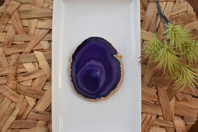 Nature's Decorations Purple Gold Rimmed Agate Stone Coasters - Set of 4, Polished Geode Drink Mats for Dining & Coffee Table & Kitchen Geode Decor Non-Toxic 3.5-4" Diameter