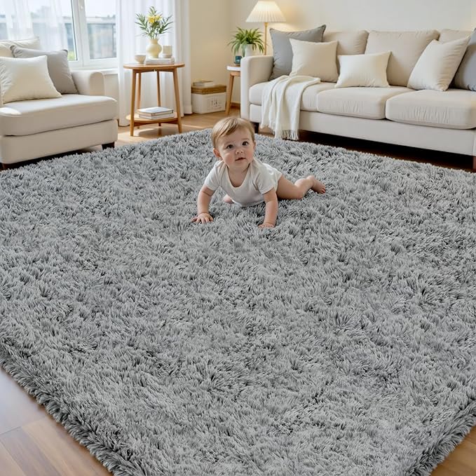 6x9 Area Rug for Living Room, Ultra Soft Fluffy Shag Rugs for Bedroom, Non-Slip Large Fuzzy Plush Rug Indoor Floor Carpet for Nursery Kids Office Dorm Modern Decor, Light Gray