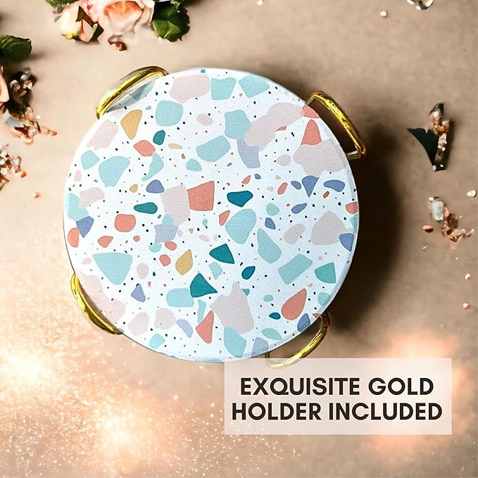 Terrazzo Coasters Set of 6, Ceramic Absorbent Drink Coasters, Cute Moisture Absorbing Coaster, Coffee Table Desk Decor, Colorful Stone Coaster for Drinks (Pastel)