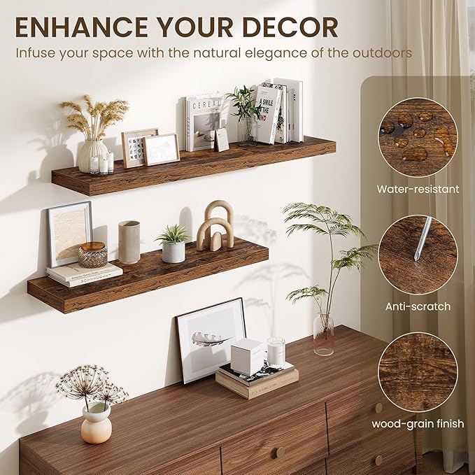 Fun Memories Wood Floating Shelves 20 Inch, 10 Inch Deep Shelves Wall Mount, Wall Shelves with Invisible Bracket, 20" Floating Shelves for Living Room Bathroom Bedroom, Rustic Brown, Set of 3