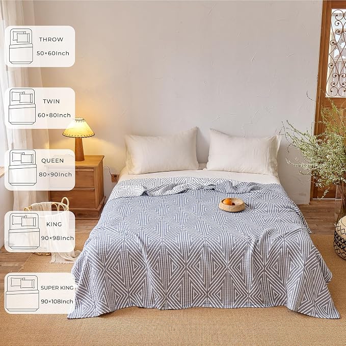 Muslin Blanket,100% Cotton Reversible 4-Layer Geometric Quilt, Soft Throw Blanket for Twin Size Bedspread Sofa Room Decor, Gifts for Women,Men, 60"×80", Blue