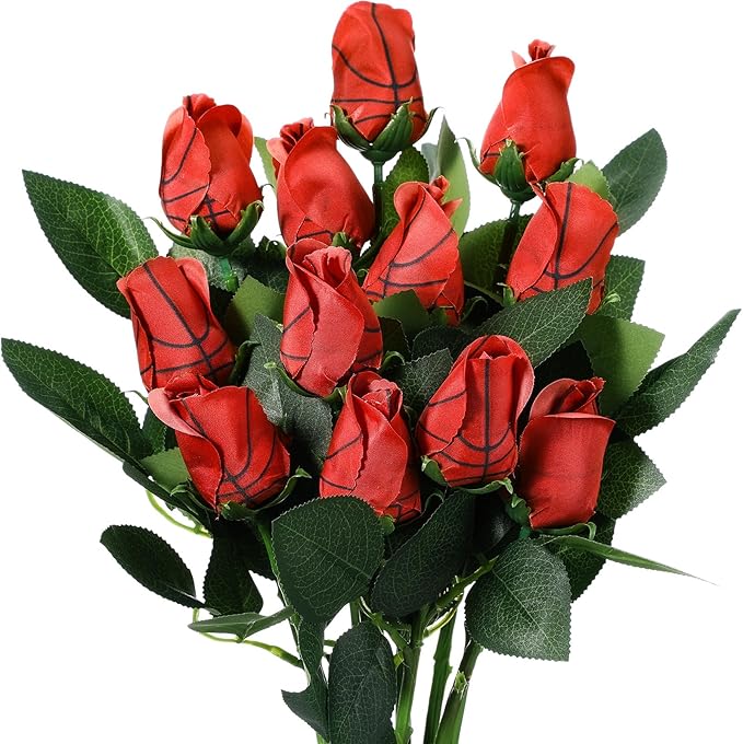 Suhine 12 Pcs Artificial Basketball Rose Flowers Sports Party Favors Bulk for Birthday Graduation Wedding Party Decoration Table Centerpieces Mom Team Coach Senior Night Gift(Basketball Color, Normal)