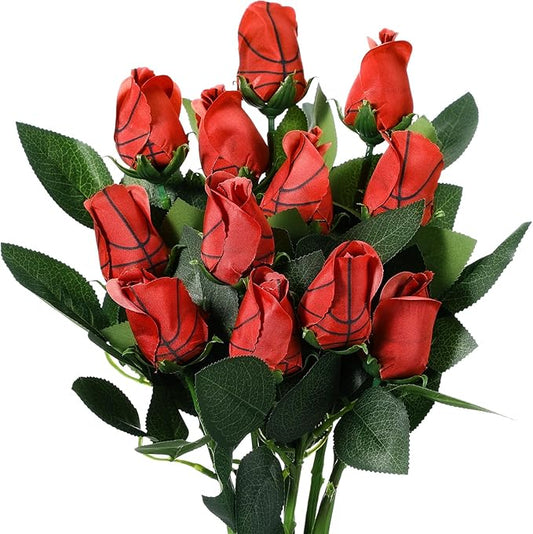 Suhine 12 Pcs Artificial Basketball Rose Flowers Sports Party Favors Bulk for Birthday Graduation Wedding Party Decoration Table Centerpieces Mom Team Coach Senior Night Gift(Basketball Color, Normal)