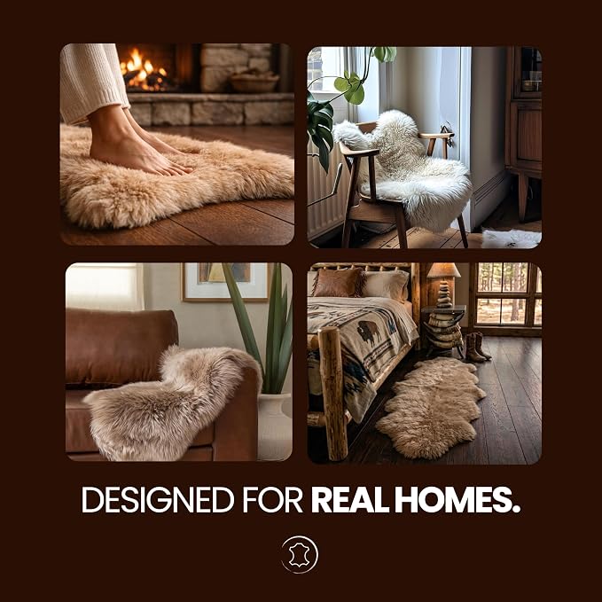 Genuine Sheepskin Rug 2x3 Ft – Soft & Fluffy Single Pelt Light Beige Lambskin – Area Rug or Chair Cover Throw – Made in Argentina