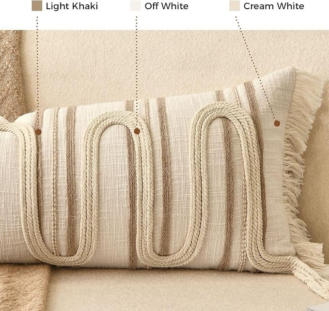Beige Boho Lumbar Pillow Cover 14x36 with Handmade Drawn Work | Modern Farmhouse Long Lumbar Decorative Pillows Cushion Case for Bed Couch Accent Decor