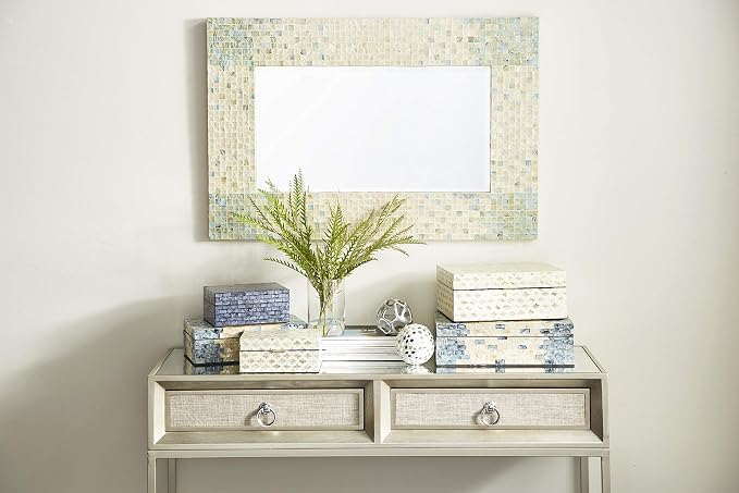 Deco 79 Mother of Pearl Shell Geometric Handmade Decorative Box Storage Decorative Keepsake Boxes with Hinged Lid, Set of 2 Storage Boxes 12", 8"W, Cream