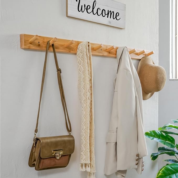 WEBI Coat Rack Wall Mounted,10 Hooks,38" Long Coat Hanger Wall Mount,Peg Rail Hat Hooks for Hanging Caps,Jacket,Clothes,Coats,Natural