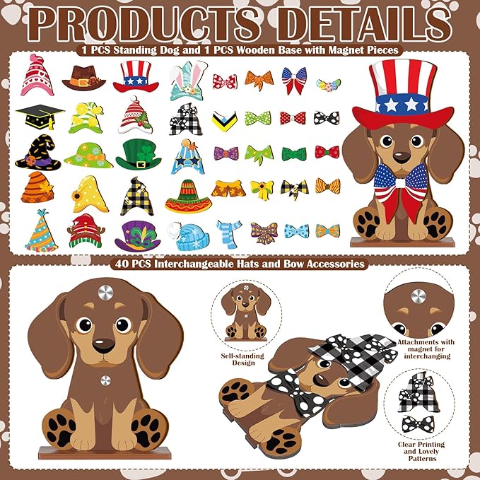 42 Pcs Small Interchangeable Dog Sign Holiday Summer Decor Seasonal Table Centerpiece Farmhouse Rustic Magnetic Desk Accessories Wooden Home Office Room Welcome Tiered Tray Decoration Gifts