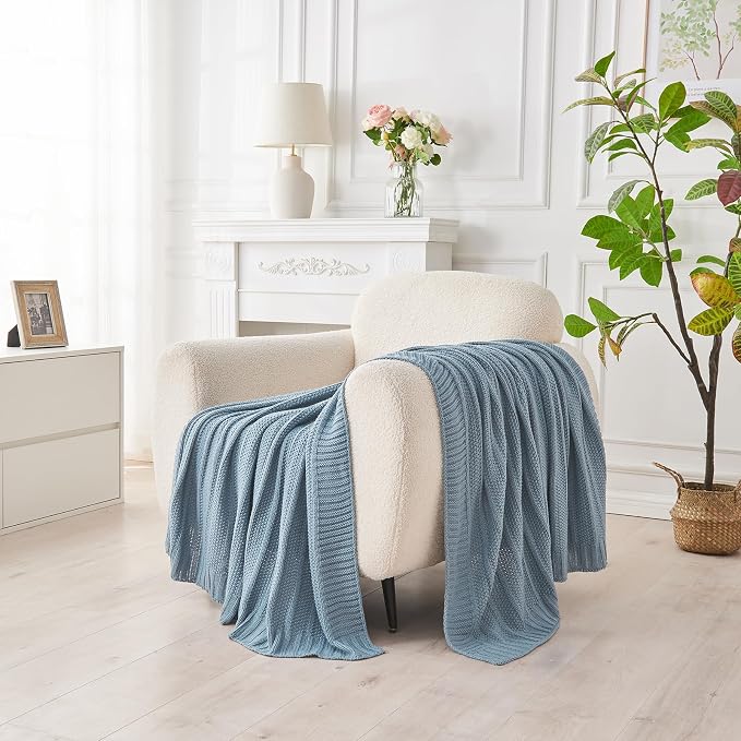 Douceur Blue Throw Blanket for Bed, Soft Cozy Lightweight Stripe Pattern Knitted Throw Blanket for Sofa, Living Room Gift, 60"X80"