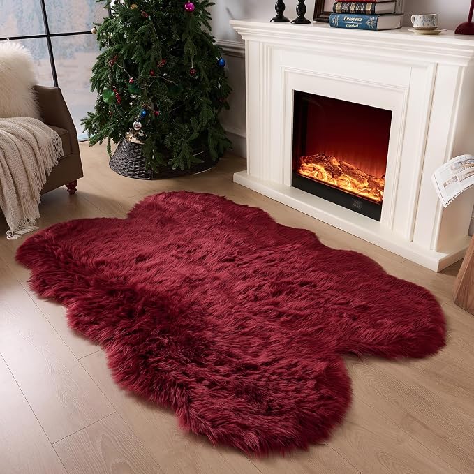 Faux Fur Rug Burgundy Sheepskin Area Rug,Ultra Soft Shaggy Plush Rug Bedroom Living Room Sofa Floor Kids Room Bedside（4 x 6 ft Sheepskin）