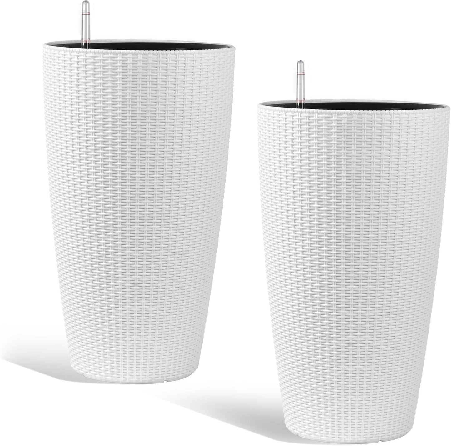 2Pack 22" High Modern Plant Pots Planter-Self-Watering Indoor/Outdoor Planting with Drain Holes, Water Level Monitor, Inner Bucket for Front Porch Patio, White Rattan Conical