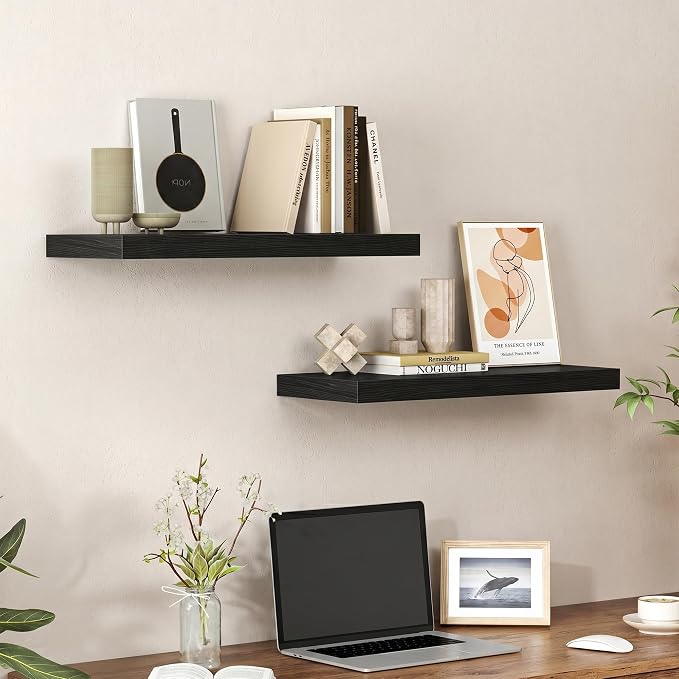 Heimlove 24 inch Floating Shelves for Wall,9.3 inch deep Black Wood Shelves with Invisible Brackets,Wall Mounted Storage & Display Shelves for Bedroom,Living Room,Set of 2
