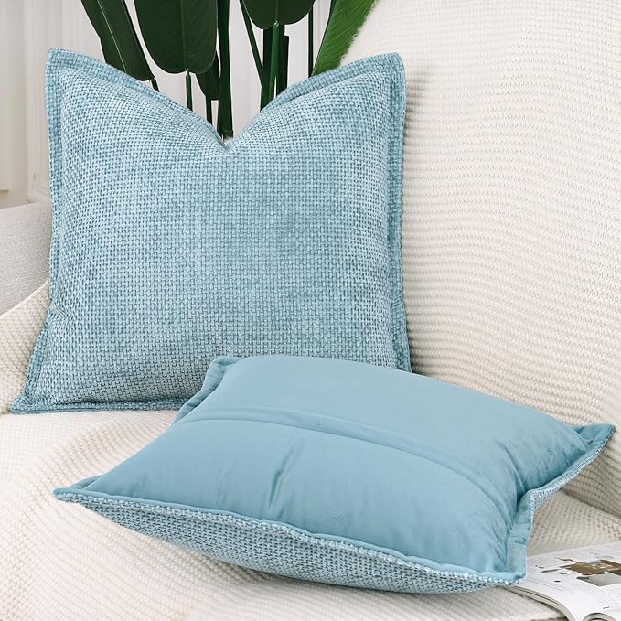 MADIZZ Decorative Chenille Velvet Throw Pillow Covers Set of 2 Soft Boho Textured Neutral Couch Throw Pillow for Bed Modern Farmhouse Home Decor for Sofa Livingroom Light Blue 20x20 Inch