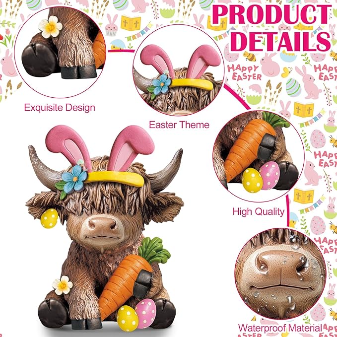 Karenhi 2 Pcs Easter Highland Cow Figurines Bunny Eggs Basket Highland Cow Gnomes Pink Rabbit Scottish Resin Statue Calf Lovers Gifts for Spring Home Kitchen Office Tiered Tray Table Decor