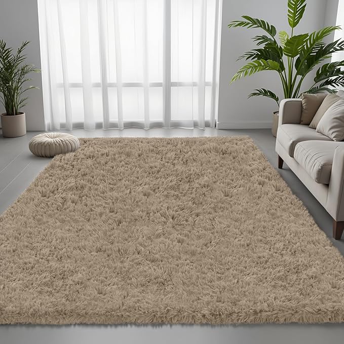 5x7 Area Rug for Living Room, Ultra Soft Fluffy Shag Rugs for Bedroom, Non-Slip Large Fuzzy Plush Rug Indoor Floor Carpet for Nursery Kids Office Dorm Modern Decor, Gray Camel