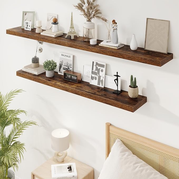 55in Floating Shelves for Wall, 55"W x 9.25"D x 1.5"H, Long Wall Mounted Engineered Wood Shelves with Invisible Brackets for Living Room, Bedroom, Bathroom, Kitchen Decor and Storage, Rustic Brown