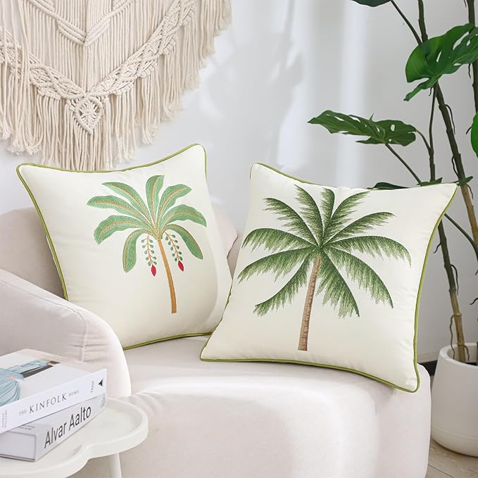 Tropical Palm Tree Pillow Covers 18x18 inch Pack of 2 Boho Embroidered Throw Pillow Covers Farmhouse Cushions Cases Square Pillowcases Spring Summer Home Decor