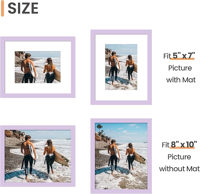 upsimples 8x10 Picture Frame, Display Pictures 5x7 with Mat or 8 x 10 Without, Wall Hanging Photo Frames, Purple, 1 Pack