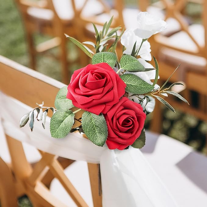 Mocoosy 50 Pcs Artificial Flowers Red Roses Bulk, Real Looking Fake Foam Roses with Stems DIY Wedding Bouquet Floral Arrangement Bridal Shower Centerpieces Mother's Day Party Home Table Decorations