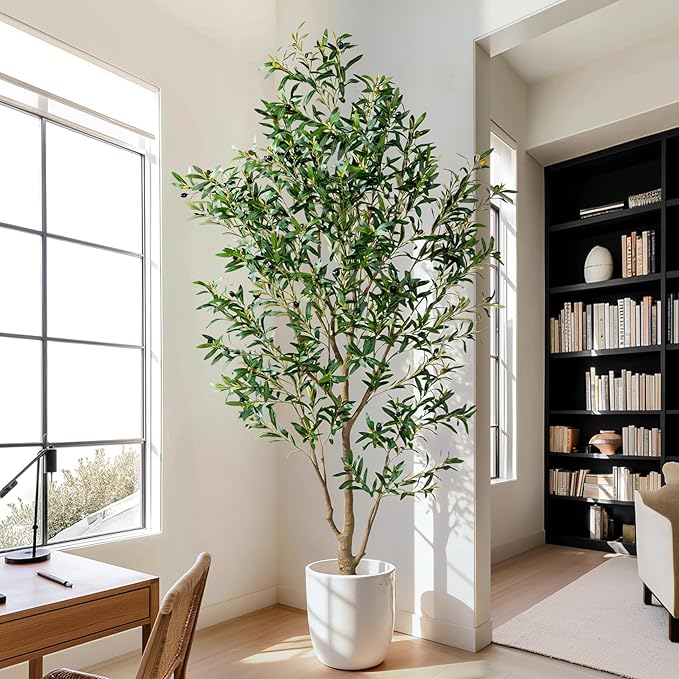 7FT Artificial Olive Tree with Realistic Leaves & Natural Trunk, Faux Silk Olive Plant in White Planter, Tall Fake Tree for Modern Home Office Living Room Entryway Corner Decor, Maintenance Free