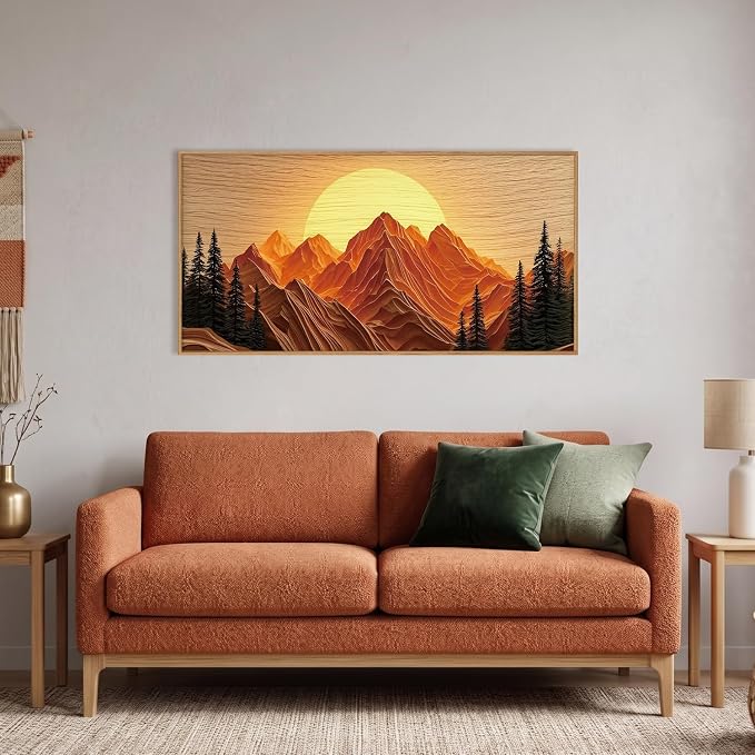 Large Boho Golden Mountain Framed Canvas Wall Art Set, Abstract Ridge Sunset Landscape Wall Decor, Natural Wooden Pine Tree Scenery Artwork for Living Room,Bedroom,Office-20 x40