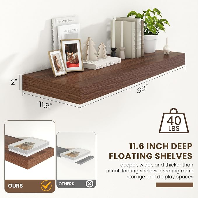 FLYJOE 36'' x 12'' Walnut Floating Shelves Set of 1 | 12 Inch Deep Floating Shelves for Wall, Rustic 36 Inch Walnut Shelves for Books, Deep Shelves for Bathroom Laundry Kitchen