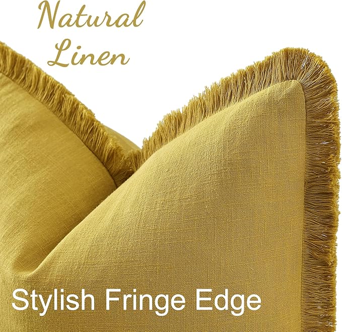 decorUhome Summer Decorative Neutral Linen Fringe Throw Pillow Covers Set of 2 Mustard Yellow Pillow Covers with Tassels Soft Farmhouse Boho Accent Pillow Cases for Couch Bed Sofa 20x20 Inch