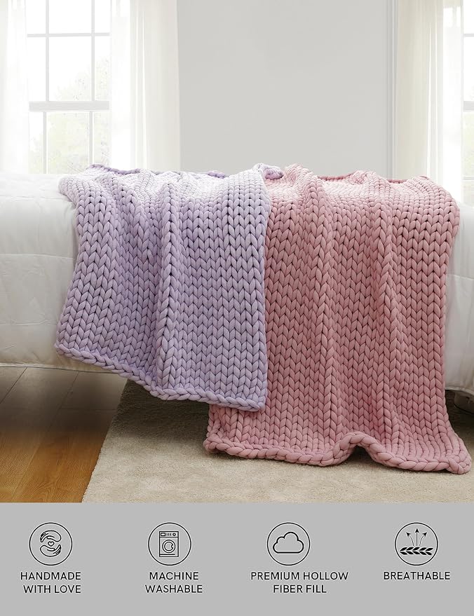 YnM Chunky Throw Blanket, Medium-Weight, Hand Knitted, Skin Friendly, Ventilated and Breathable, Machine Washable, Home Décor Piece for Couch, Sofa and Bed (Iris Lavender, 60x80 Inch)