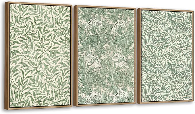 Large Flower Wall Art for Living Room Natural Wood Framed Art Set of 3 William Morris Floral Canvas Pictures Sage Green Artwork Vintage Botanical Leaf Canvas Prints for Bedroom Wall Decor 16"X24"X3