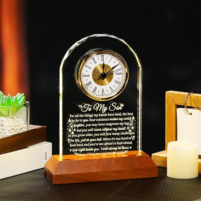 Arikyrist Meaningful Glass Clock Gifts for Son from Mom Dad Graduation with Wooden Light Base I Love You Personalised Glass Plaque Presents for Best Son Birthday Keepsakes for Him Table Decor