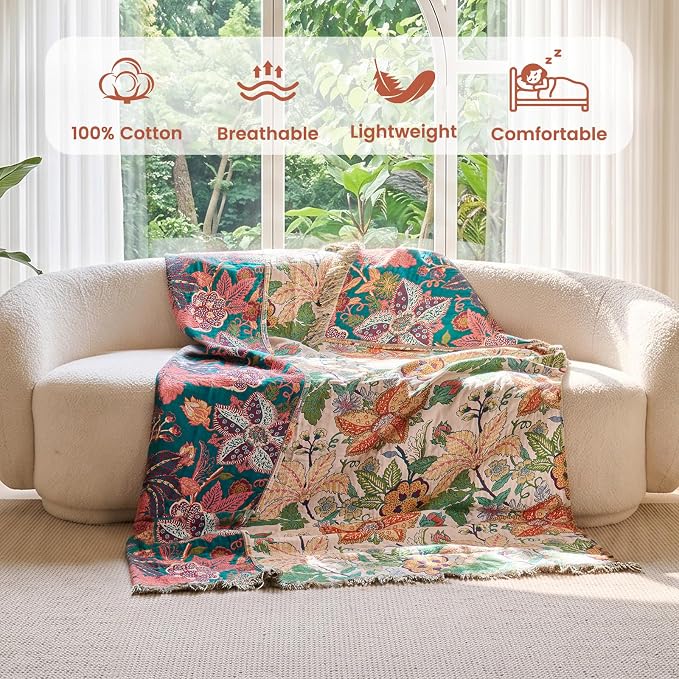 MSGKV Boho Throw Blanket for Couch Chair 100% Cotton Embroidery Floral Blanket 50"x60" Sofa Blankets for All Seasons Lightweight Farmhouse Muslin Summer Breathable Bed Blankets Home Decor