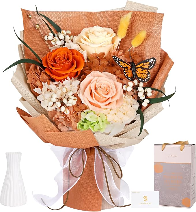 Preserved Flowers Bouquet with Butterfly - 3 Roses & Flowers for Delivery, Long-Lasting Real Roses Forever, Mothers Day Gifts for Mom Grandma Wife, Anniversary Birthday Gifts for Women