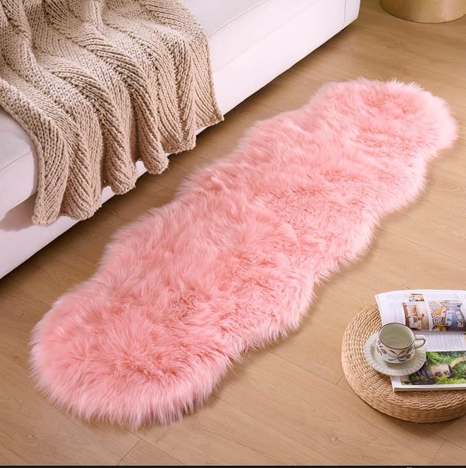 Faux Fur Sheepskin Runner Rug Pink 2x6 ft Ultra Soft Shaggy Plush Fluffy Fuzzy Area Carpet Decorative Chair Cover Floor Mat for Bedroom Sofa Living Room Bedside