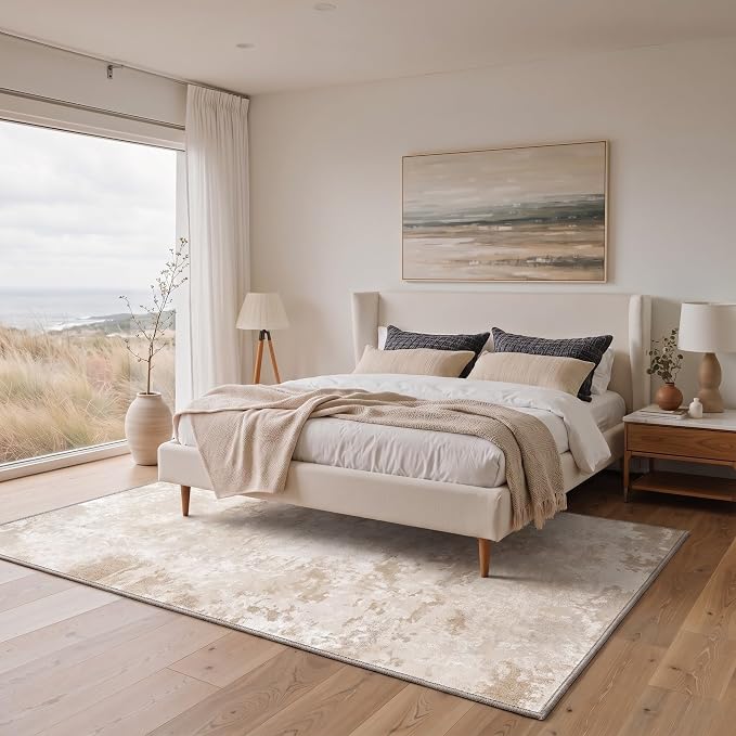 BEIMO Round Rugs 5FT for Living Room Bedroom, Modern Abstract Machine Washable Rug, Large Soft Low Pile Indoor Floor Carpet with Non Slip Backing for Dining Room, Beige White
