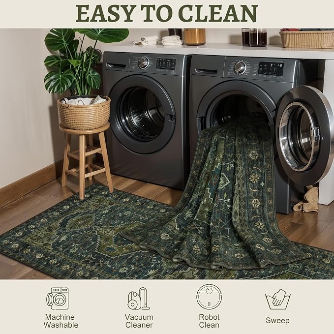 Tangsoo Green Round Area Rugs 6ft, Washable Circle Rug, Non Slip Boho Round Area Rug, Vintage Low Pile Circular Rugs,Large Rounds Rugs Carpet for Livingroom Bedroom Nursery Dorm Office Olive Green