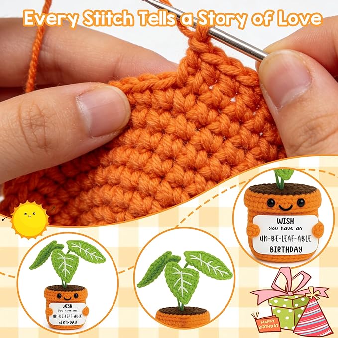 Unique Birthday Gift for Girlfriend Boyfriend Women Friend Crochet Plant Decor with Unbeleafable Birthday Card Handmade Valentines Potted Plush Funny Office Gift for Her Him