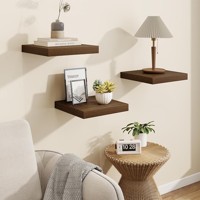 Marsmiles Square Floating Shelves for Wall, 12" W x 12" D x 1.5" H, 3 Pack Small Wall Mounted Engineered Wood Shelves with Invisible Brackets for Living Room, Bedroom, Bathroom, Kitchen Decor, Walnut