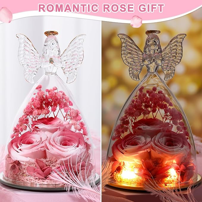 Mothers Day Rose Gifts for Women Preserved Real Flower in Glass Angel Figurines Roses for Delivery Prime Birthday Gifts for Mom Grandma Girlfriend Wife Her, Pink White
