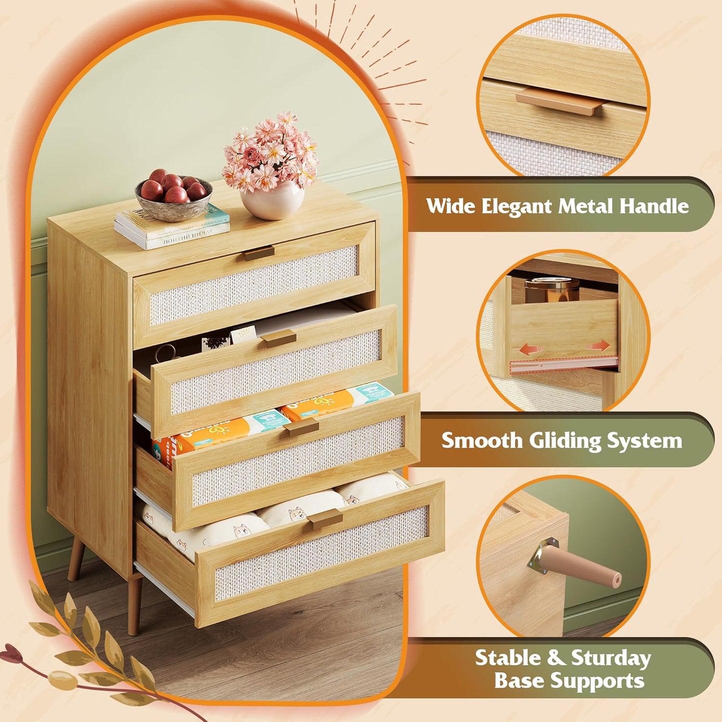 WLIVE Rattan Dresser for Bedroom, 4 Drawer Wood Boho Dresser Storage with Gold Metal Handle, Chest of Drawers for Living Room, Closet, Hallway, Light Oak