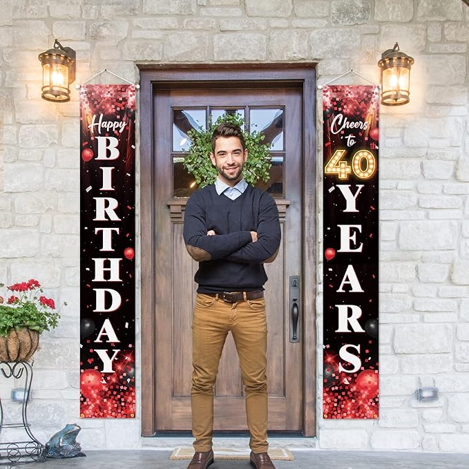 Happy 40th Birthday Porch Sign Door Banner Decor Red and Black – Glitter Cheers to 40 Years Old Birthday Party Theme Decorations for Men Women Supplies