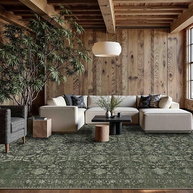 Rugxara 9x12 Area Rugs for Living Room Bedroom, Large Washable Rug, Green Vintage Floral Boho Rug, Non Slip & Low Pile Faux Wool Thin Carpet for Indoor Dining Room and Kids Room(Green 9x12ft)