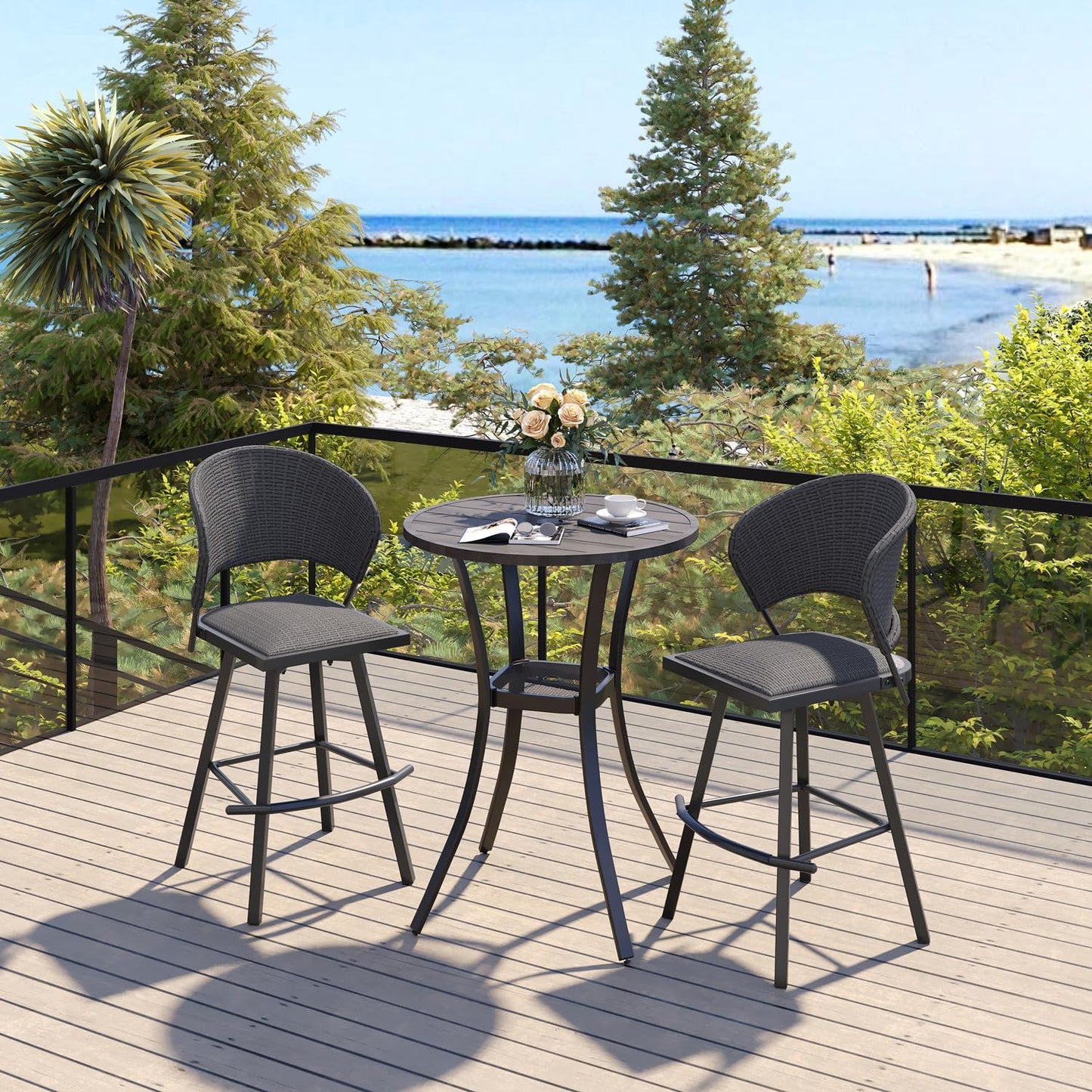 VICLLAX Patio Bar Stool Chairs with Footrests and Padded Seat, Bar Height Swivel Patio Chairs Set of 2, Grey Woven Wicker Swivel Bar Stools for Lawn Garden