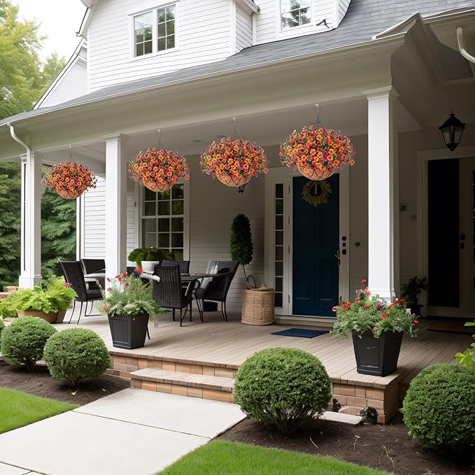 INXUGAO Artificial Silk Flowers Hanging Baskets for Outdoors Indoors, Daisy with Eucalyptus Leaves Arrangement for Garden Yard Decor, Faux Green Plant in Metal Coconut Lining Flowerpot(Orange Brown)
