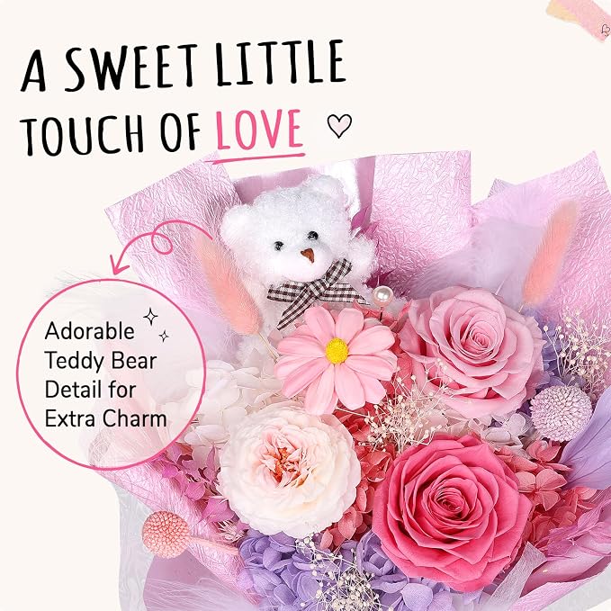 Preserved Flowers Bouquet with Bear, 3 Real Forever Flowers for Delivery, Long-Lasting Sweet Pink Eteranl Roses Bouquet, Anniversary Birthday Gifts for Women Mom Her Girlfriend Wife