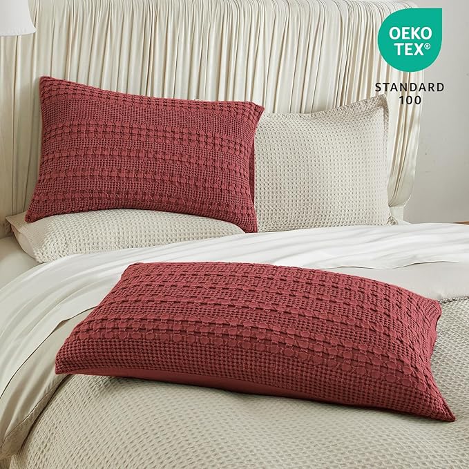 PHF Waffle Weave Pillow Shams Queen Size, 2 Pack 100% Cotton Pillowcases 20" x 30", No Insert, Soft & Breathable Aesthetic Woven Pillow Case Covers for Bedroom Decor, Wine Red