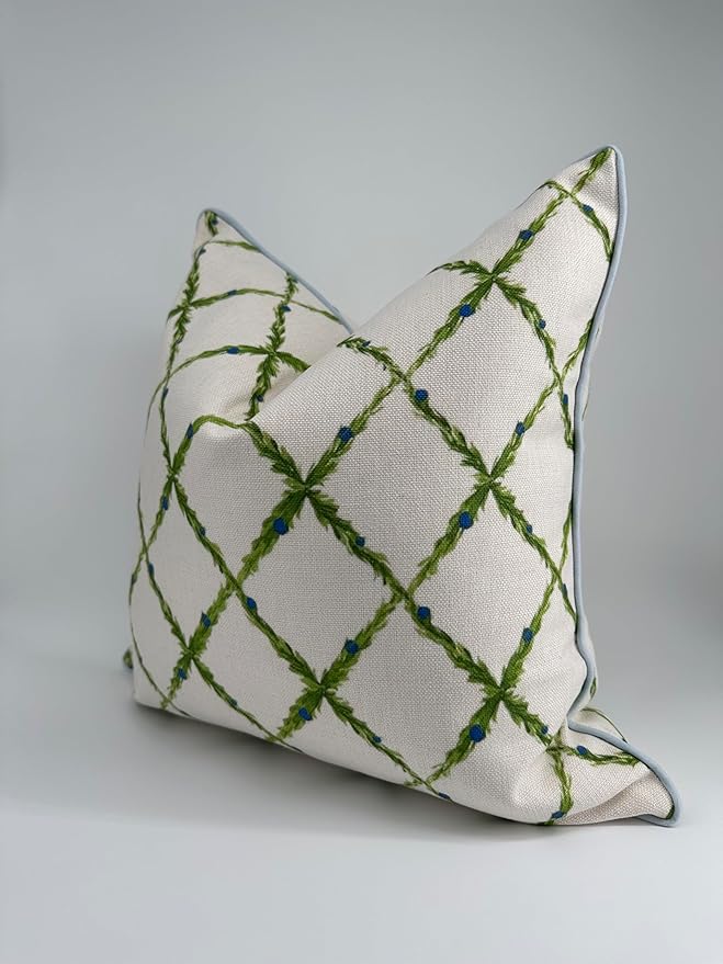Jillien Harbor “The Lattice” Spring Decorative Festive Pillow Cover – Garden-Inspired White Accent Pillow Cover with Grey-Blue Pipping – Grandmillennial Home Decor, 20" x 20"
