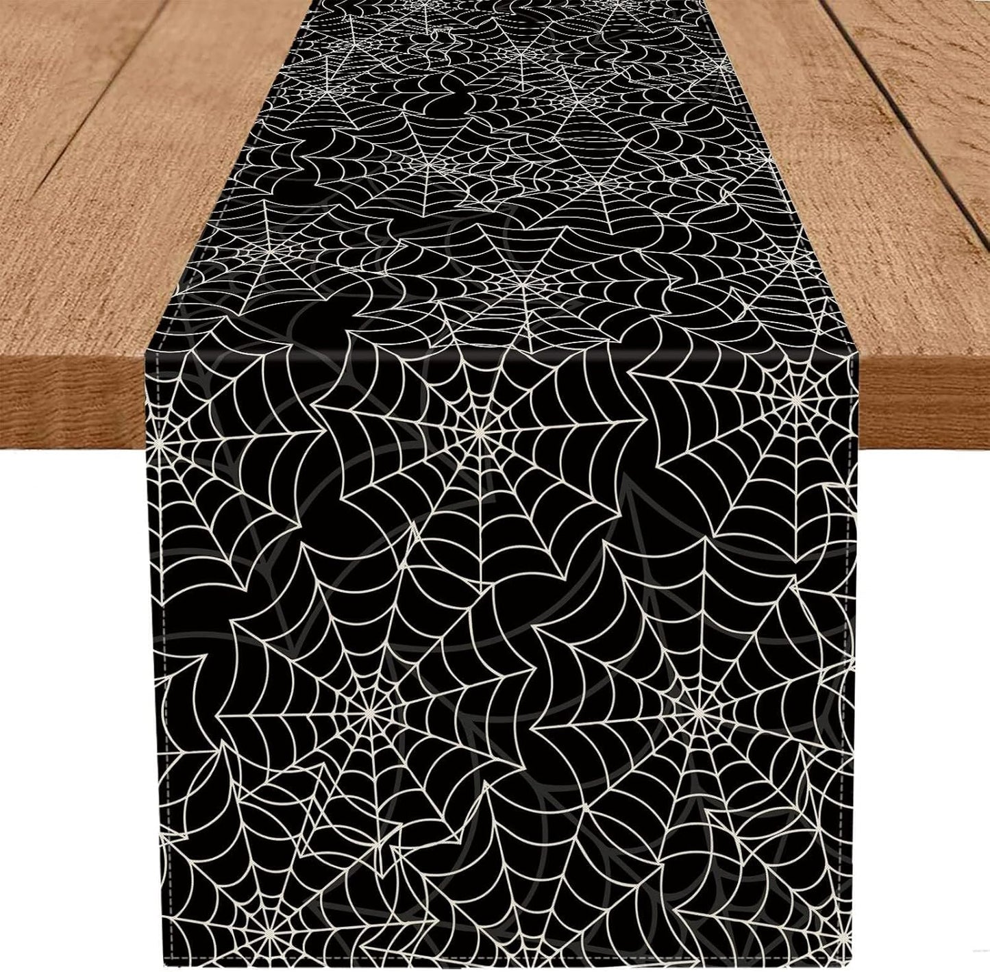 Halloween Table Runner Spider Web Black Linen Table Runners for Seasonal Holidays Indoor Outdoor Kitchen Dining Party Home Decor 13 x 48 Inch